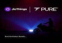 PURE EV Partners with JioThings to Revolutionise the Smart Riding Experience PURE EV electric scooter with JioThings smart digital cluster and telematics integration for seamless riding experience.
