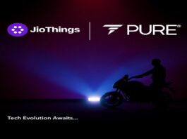 PURE EV electric scooter with JioThings smart digital cluster and telematics integration for seamless riding experience.