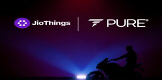 PURE EV Partners with JioThings to Revolutionise the Smart Riding Experience PURE EV electric scooter with JioThings smart digital cluster and telematics integration for seamless riding experience.