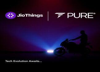 PURE EV Partners with JioThings to Revolutionise the Smart Riding Experience PURE EV electric scooter with JioThings smart digital cluster and telematics integration for seamless riding experience.