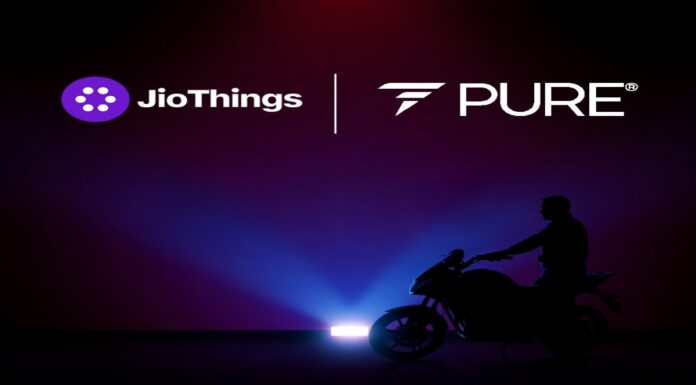 PURE EV Partners with JioThings to Revolutionise the Smart Riding Experience PURE EV electric scooter with JioThings smart digital cluster and telematics integration for seamless riding experience.