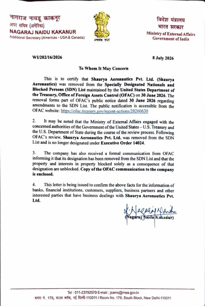 Shaurya Aeronautics out of US Black List